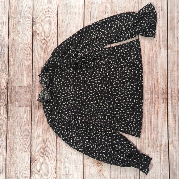ZARA Girls Size 8 Floral Black & White Long Sleeve Top Ruffle Blouse - Picture 1 of 4